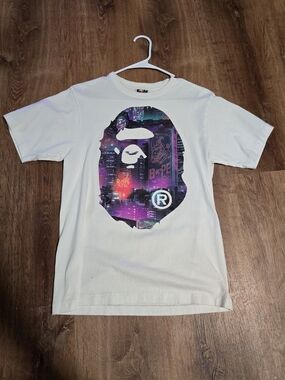 Bape White Tee with Purple & Blue City Ape Head Graphic